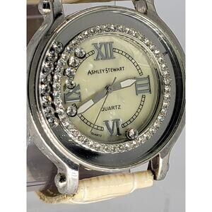 Ashley Stewart Quartz Watch with Crystal-Embellished Bezel and Beige Leather